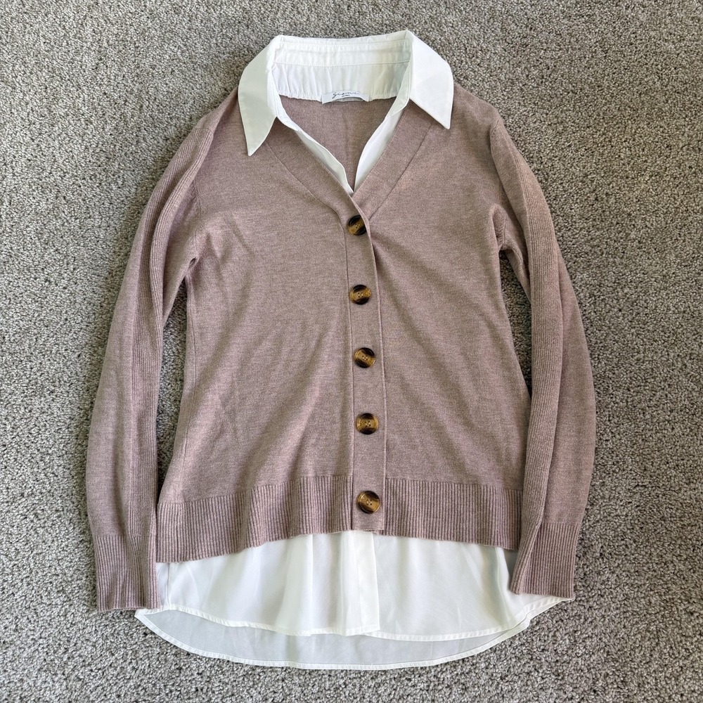 Siani Cardigan Sweater Womens Medium Beige V Neck Collared Button Front Layered